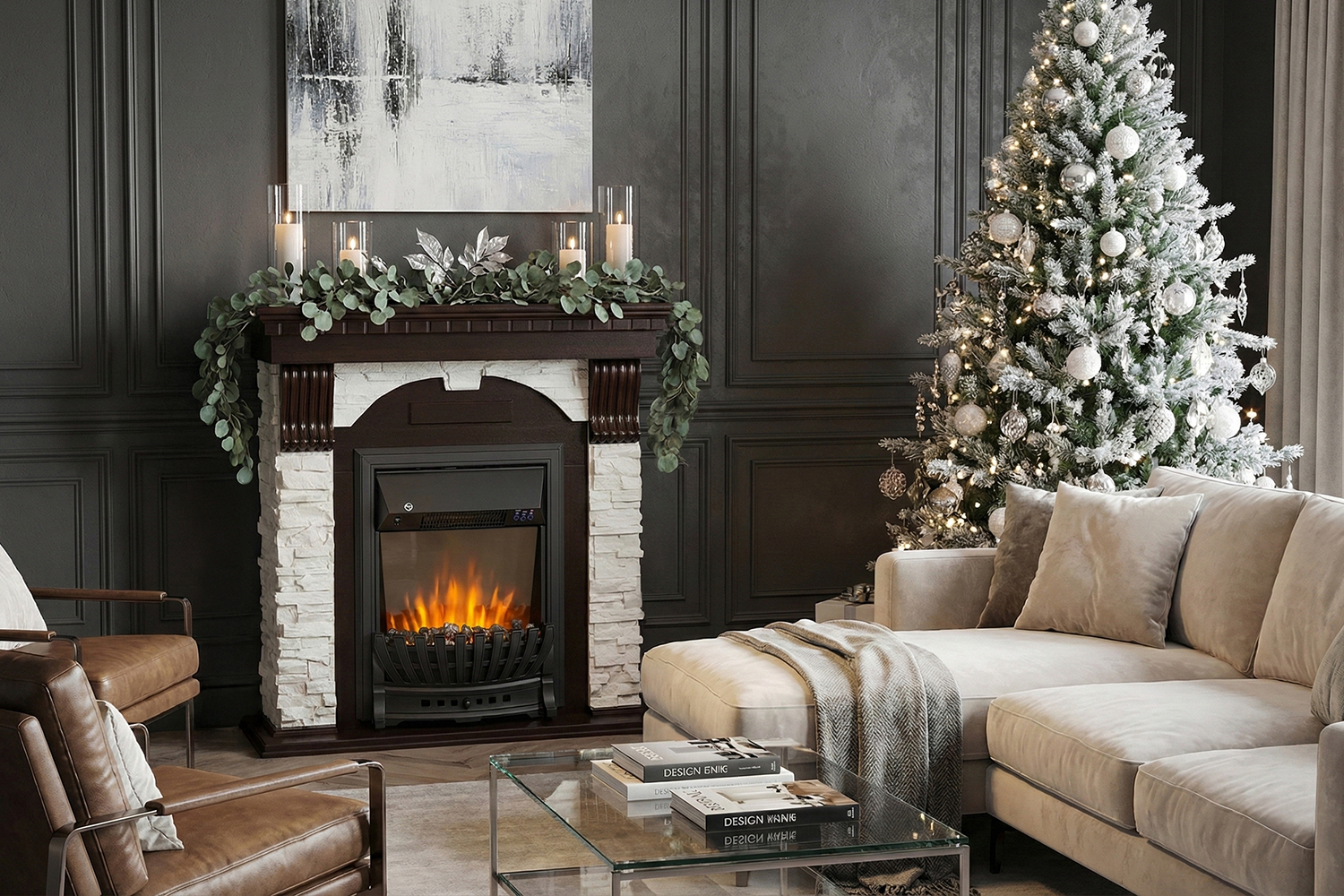 Каминокомплект Dublin угловой - Темный дуб / Сланец белый с очагом Majestic FX Brass