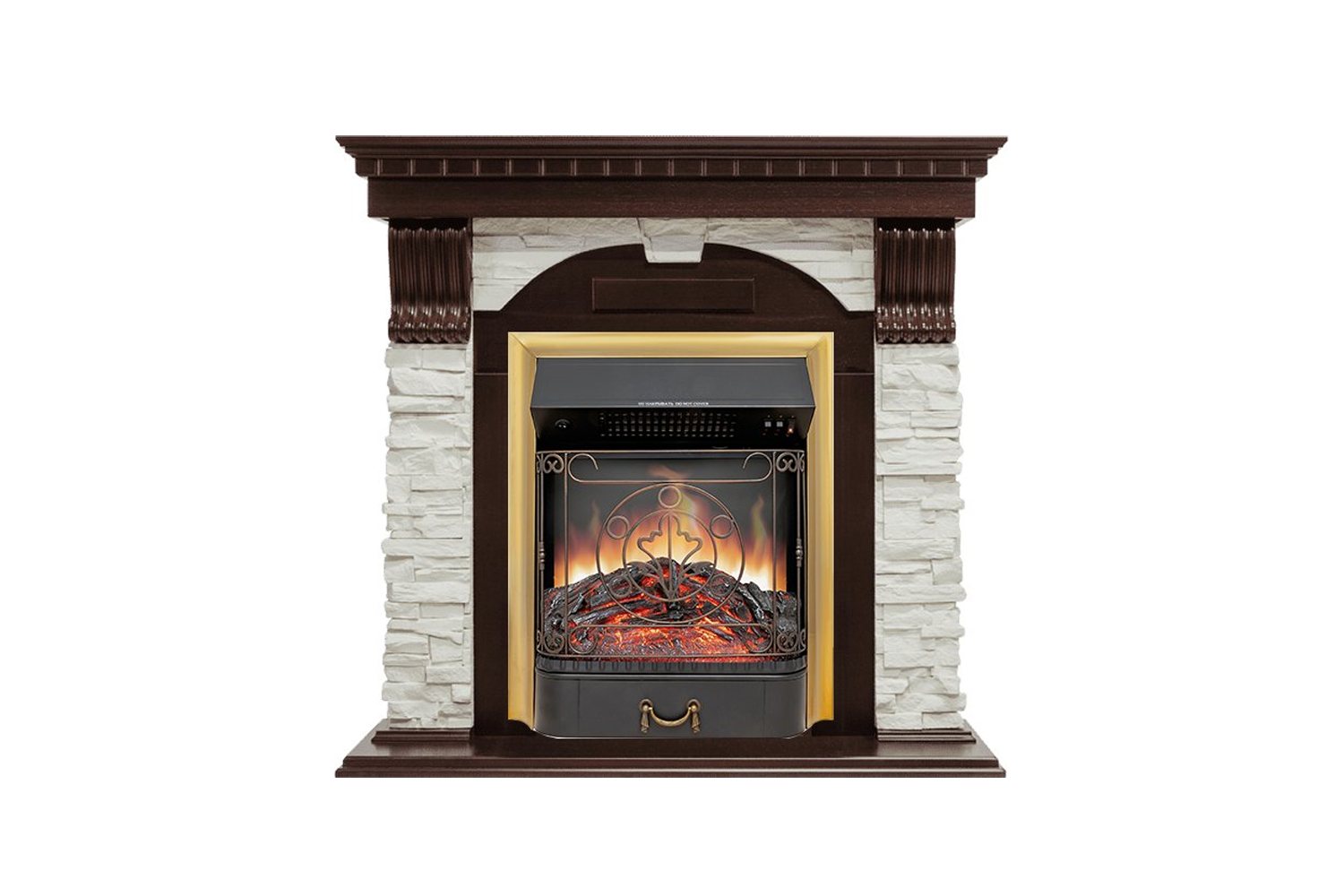 Каминокомплект Dublin угловой - Темный дуб / Сланец белый с очагом Majestic FX Brass